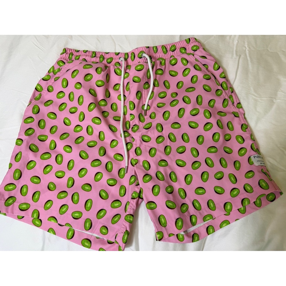 PUBLIC ART Swim Trunks Mens Small  Kiwi Mesh Lined Drawstring Pockets Elastic
